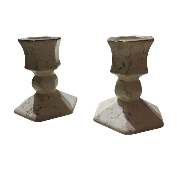 Vintage PartyLite Set of 2 Tan Gold And Beige Marble Look Candlestick Holders - Picture 3 of 6